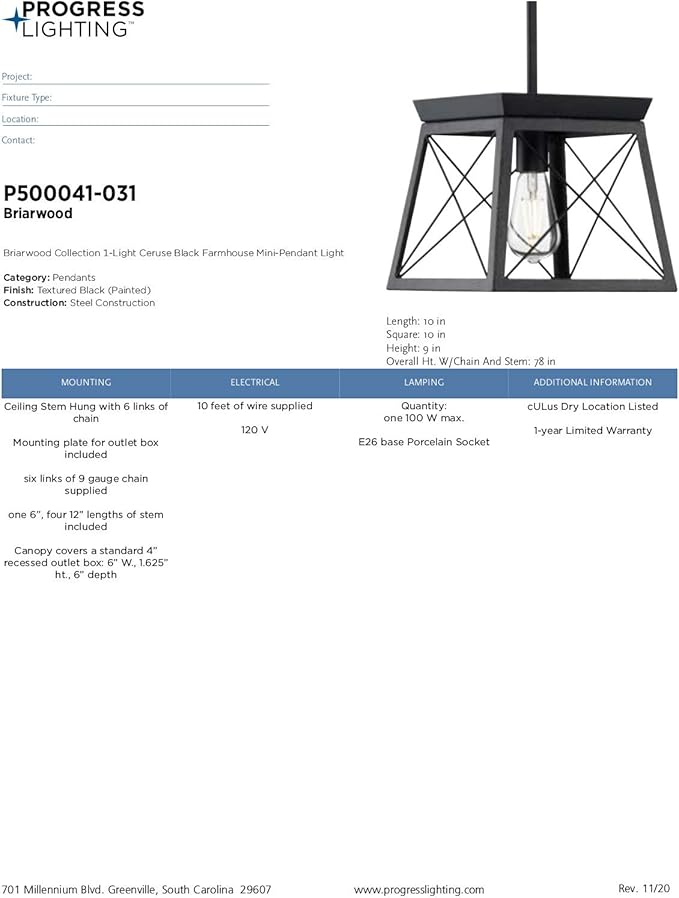 Progress Lighting P500041-031 Briarwood Pendants, Ceruse Black 9.00x10.00x10.00