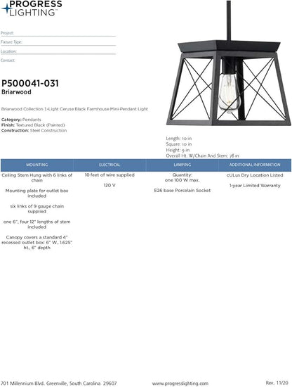 Progress Lighting P500041-031 Briarwood Pendants, Ceruse Black 9.00x10.00x10.00