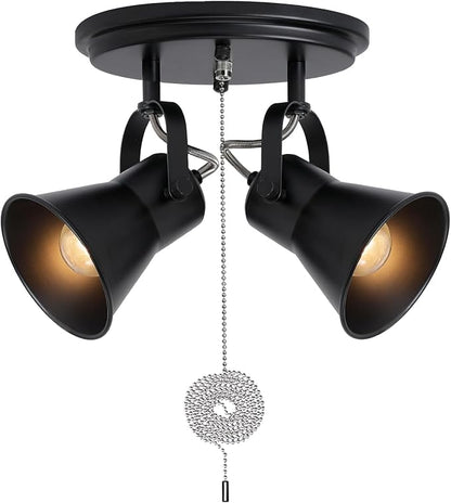 SEEBLEN 2-Light Black Track Lighting with Pull Chain, Industrial Adjustable Pull Chain Light Fixture Round Ceiling Light, Modern Flush Mount for Kitchen, Hallway, Dining Room