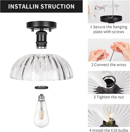 JYZ Semi Flush Mount Ceiling Light, Black Ceiling Light Fixture with Ribbed Glass Shade, Vintage Light fixtures for Hallway, Entryway, Bathroom, Kitchen, Bedroom