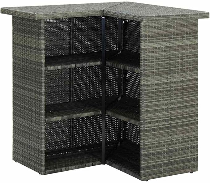 Corner Bar Table with 3 Shelves, Modern Grey PE Rattan and Steel High Top Table for Kitchen, Dining Room, Indoor and Outdoor Space-Saving Furniture