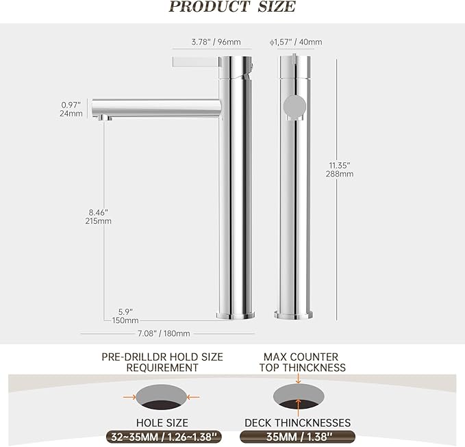Phiestina Chrome 1 Hole Tall Bathroom Vessel Sink Faucet, Single Hole Single Handle High Bathroom Faucet, with Pop Up Drain and Water Supply Line,FH01-C-V