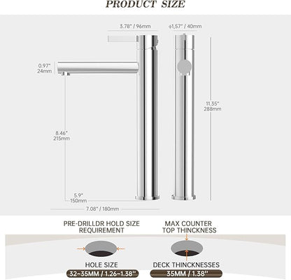 Phiestina Chrome 1 Hole Tall Bathroom Vessel Sink Faucet, Single Hole Single Handle High Bathroom Faucet, with Pop Up Drain and Water Supply Line,FH01-C-V