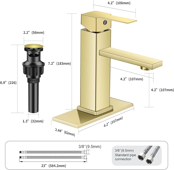 Brushed Gold Bathroom Faucet YXOCVIR Single Hole with Pop-Up Drain Single Handle Bathroom Faucet Suitable for Vanity Sinks, RV, Farmhouses, Suitable for 1 or 3-Hole Installation(Brushed Gold)