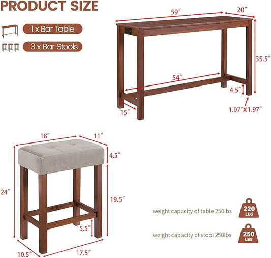 HMFULE 59'' Bar Table and Chairs Set with Power Outlet, Industrial Breakfast Table Set with 3 Padded Stools, Solid Wood Console Table Set for Living Dining Room, Cherry