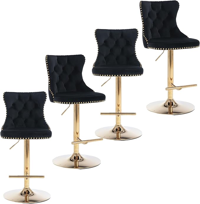 Rhomtree Velvet Swivel Bar Stools Upholstered Bar Stool with Button Tufted Back and Pull Ring Height Adjustable Barstools 25-33 Inch for Home Pub and Kitchen Island (Black with Gold Base, Set of 4)
