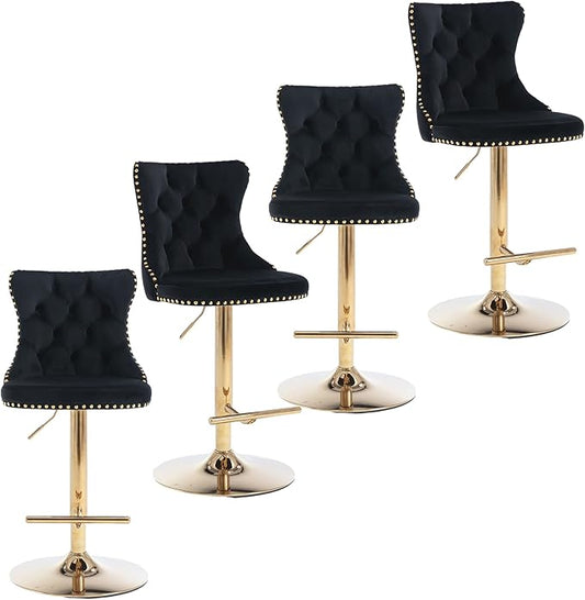 Rhomtree Velvet Swivel Bar Stools Upholstered Bar Stool with Button Tufted Back and Pull Ring Height Adjustable Barstools 25-33 Inch for Home Pub and Kitchen Island (Black with Gold Base, Set of 4)