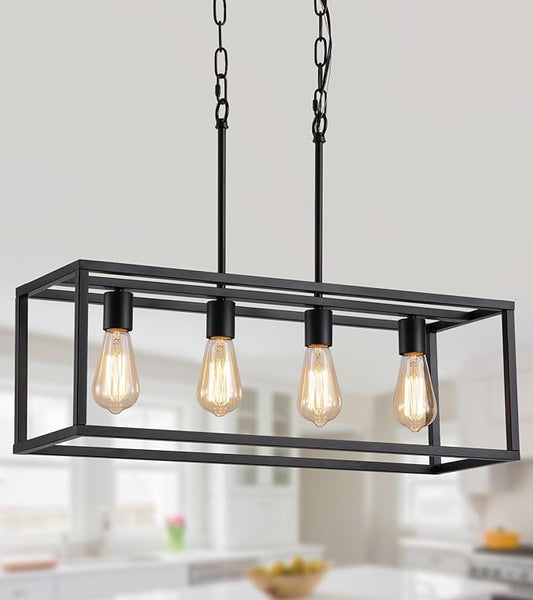 AMZASA Black Rectangle Island Lighting Rectangular Modern Industrial Chandelier 4 Lights Linear Vintage Cage Light Fixtures for Kitchen Dining Room (Height Adjustable)