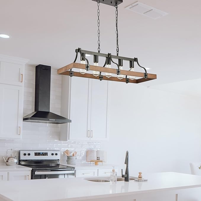 Farmhouse Chandeliers for Dining Room, 5-Light Rustic Kitchen Island Light Fixture, Wood Linear Industrial Black Rectangular Ceiling