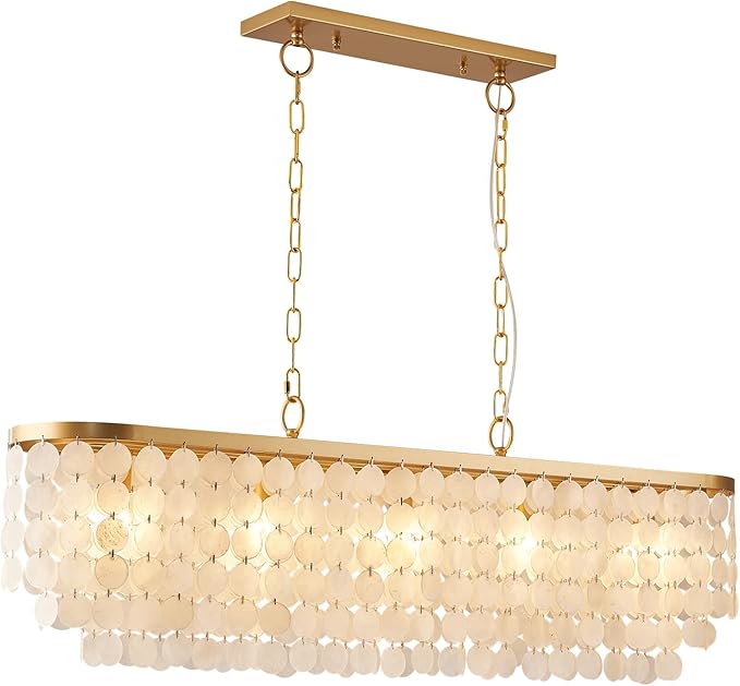 5 Light Capiz Shell Chandelier Rectangular Coastal Chandeliers for Dining Room,Gold Light Fixtures Over Table Kitchen Island Lighting Fixtures Ceiling Hanging Mount(42" Large Pendant Lights)