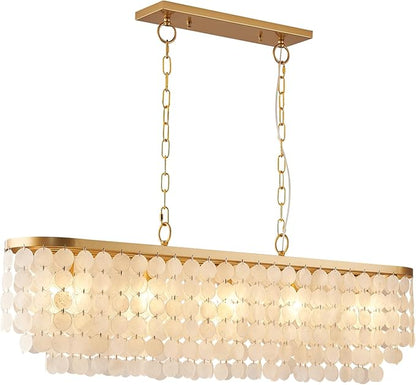 5 Light Capiz Shell Chandelier Rectangular Coastal Chandeliers for Dining Room,Gold Light Fixtures Over Table Kitchen Island Lighting Fixtures Ceiling Hanging Mount(42" Large Pendant Lights)