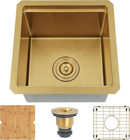 Gold Bar Sink Undermount, 16 Gauge SUS304 Stainless Steel All In One Workstation Sinks with Ledge & Accessories, 15" x 15" x 10" Small Kitchen Sink Prep Sink for Wet Bar, Outdoor,RV