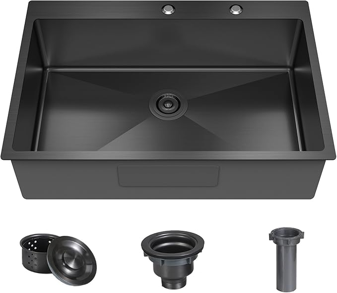 33x22x9 Inch Drop In Deep Single Bowl Kitchen Sink (Topmount), 16 Gauge SUS304 Stainless Steel Black Modern Handmade Sink