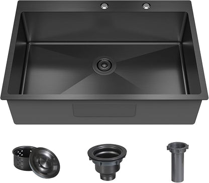33x22x9 Inch Drop In Deep Single Bowl Kitchen Sink (Topmount), 16 Gauge SUS304 Stainless Steel Black Modern Handmade Sink