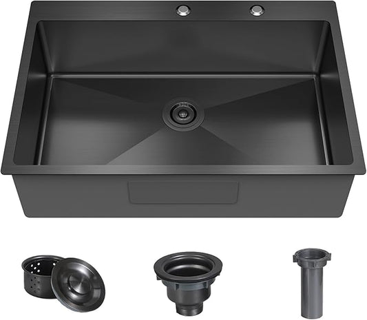 33x22x9 Inch Drop In Deep Single Bowl Kitchen Sink (Topmount), 16 Gauge SUS304 Stainless Steel Black Modern Handmade Sink