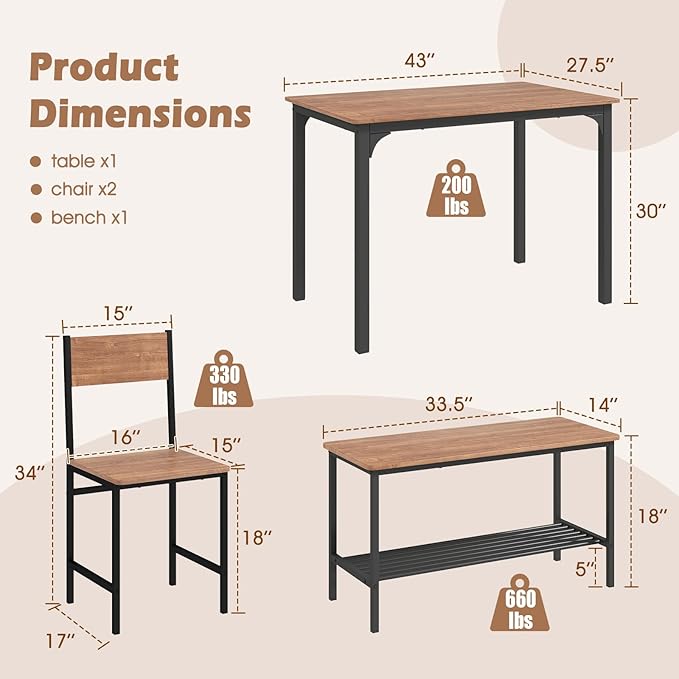 LDAILY Dining Table Set for 4, 4-Piece Wooden Kitchen Table and Chairs with Bench, Storage Rack & Metal Frame, Industrial Dining Room Table Set of 4 for Small Space, Apartment, Kitchen (Rustic Brown)