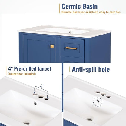 GDFStudio 30" Bathroom Vanity Sink Combo with 3 Drawers & 1 Soft Closing Door Floor Mount Freestanding Wood Bathroom Storage Cabinet Set with Ceramic Basin Sink Top for Small Bathroom Space, Blue