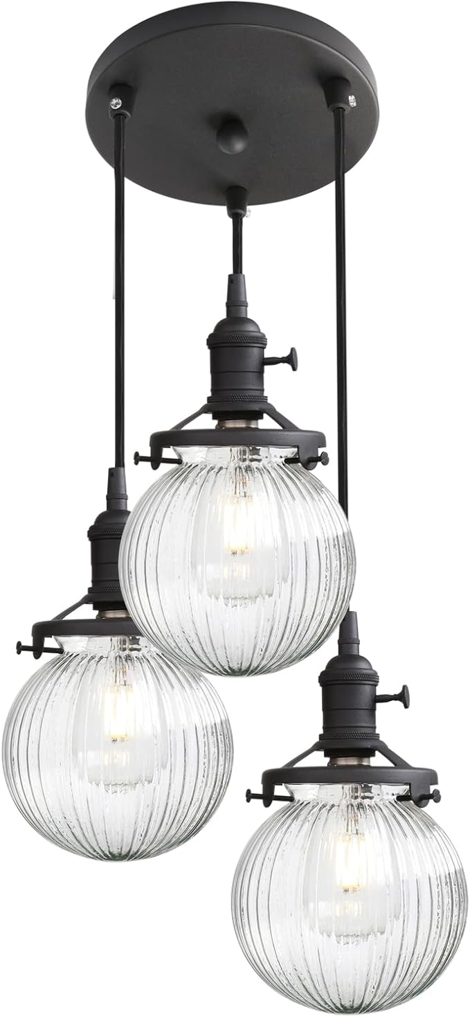 Phansthy Kitchen Island Lighting, 3 Lights Linear Chandeliers, Hanging Light with 5.9" Globe Striped Glass Shade, 3-Light Pendant Light Fixtures for Dining Room Farmhouse (Black, Round Base)