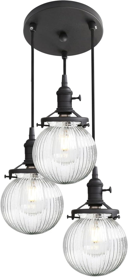 Phansthy Kitchen Island Lighting, 3 Lights Linear Chandeliers, Hanging Light with 5.9" Globe Striped Glass Shade, 3-Light Pendant Light Fixtures for Dining Room Farmhouse (Black, Round Base)