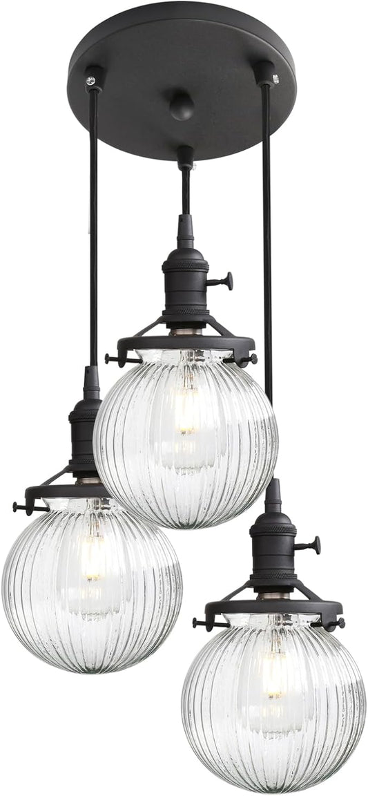 Phansthy Kitchen Island Lighting, 3 Lights Linear Chandeliers, Hanging Light with 5.9" Globe Striped Glass Shade, 3-Light Pendant Light Fixtures for Dining Room Farmhouse (Black, Round Base)