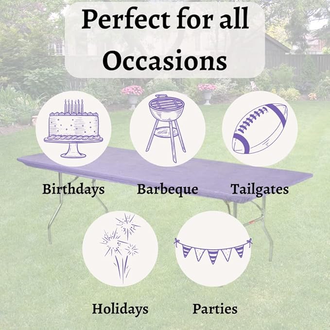Kwik-Covers 10 Pack of Rectangular Plastic Table Covers - 6' Foot or 8' Foot Options - Indoor or Outdoor Fitted Table Covers (Table NOT Included) (Purple, 30" x 96" (8' ft))