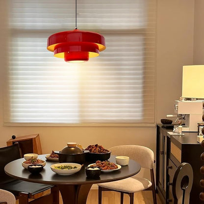 Red Pendant Light, Industrial Metal Pendant Light Fixtures, 3-Layer Shade Design, 13.8-inch Dome, Red Finish, Kitchen Light Fixtures for Dining Table