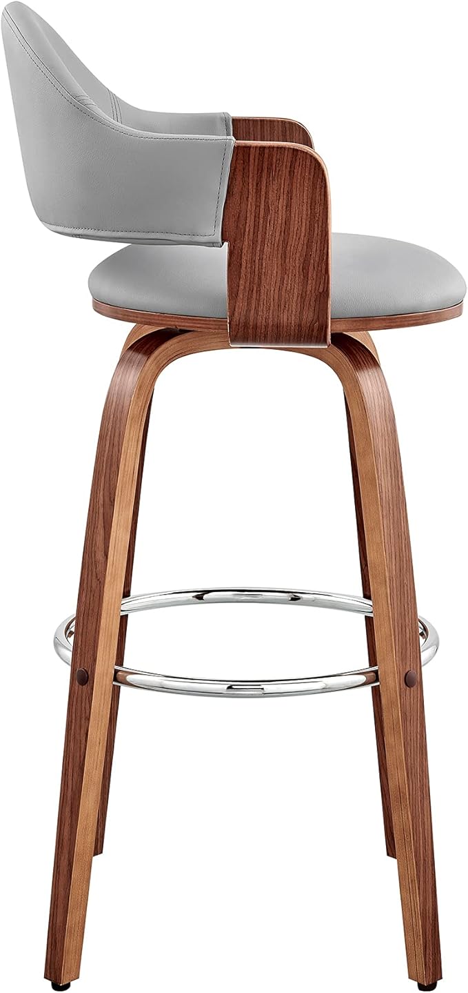 Armen Living Daxton Mid Century Modern Swivel Bar Stool for Kitchen Island Counter in Gray Faux Leather and Walnut Wood, 26" Seat Height