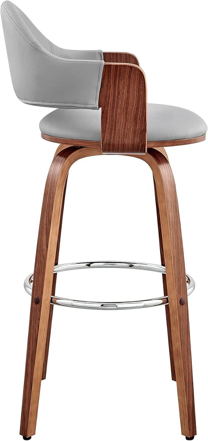 Armen Living Daxton Mid Century Modern Swivel Bar Stool for Kitchen Island Counter in Gray Faux Leather and Walnut Wood, 26" Seat Height