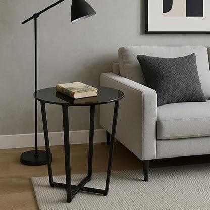 Mango Steam Round Metro Glass End Table/Side Table/for Living Room & Dining Room - Black Top/Black Base