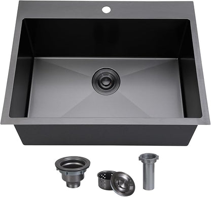 SHACO 25x18 Inch Black Drop In Kitchen Sink, 25 Inch Gunmetal Black Bar RV Laundry Utility Outdoor Stainless Steel 16 Gauge Single Bowl Deep Small Kitchen Sink