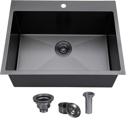 SHACO 25x18 Inch Black Drop In Kitchen Sink, 25 Inch Gunmetal Black Bar RV Laundry Utility Outdoor Stainless Steel 16 Gauge Single Bowl Deep Small Kitchen Sink