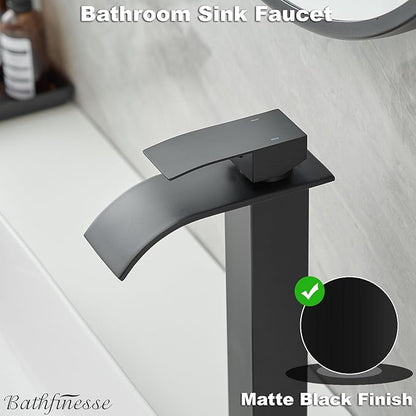 Vessel Sink Faucet Waterfall Bathroom Faucet Matte Black Stainless Steel Tall Single Handle One Hole Deck Mount Bowl Vanity Sink Faucet with Pop-up Drain Stopper