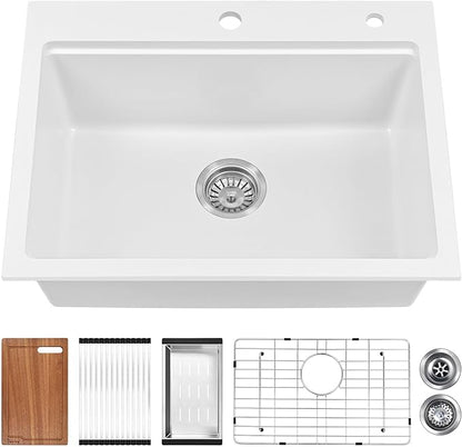 Davivy 25 Inch White Granite Composite Kitchen Sink Workstation, Quartz Kitchen Sink White, Drop in & Undermount Installation, Single Bowl Design with Accessories