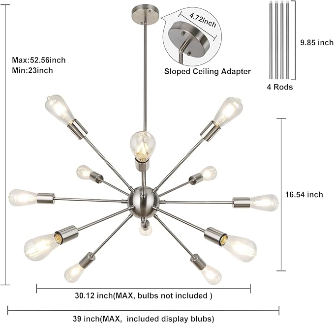 LynPon Brushed Nickel Sputnik Chandelier, 12 Lights Plating Silver Chandeliers Sputnik Light Fixture Modern Ceiling Light Mid Century Lighting for Dining Room Living Room Kitchen Foyer Bedroom