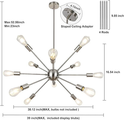 LynPon Brushed Nickel Sputnik Chandelier, 12 Lights Plating Silver Chandeliers Sputnik Light Fixture Modern Ceiling Light Mid Century Lighting for Dining Room Living Room Kitchen Foyer Bedroom