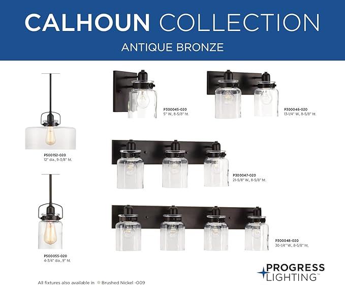 Progress Lighting P300045-020 Calhoun Collection Clear Glass Farmhouse Bath Vanity Light, 1 Light, Antique Bronze
