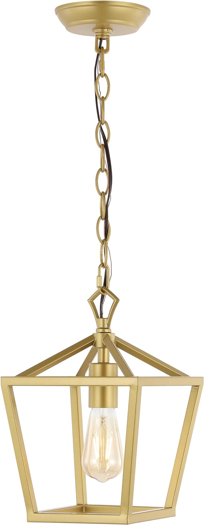 JONATHAN Y 8" Gold Painting Lantern Pendant Light, 1-Light Pagoda Style Metal Cage Farmhouse Hanging Ceiling Fixture for Kitchen Island, LED Bulb Included (JYL7618B)