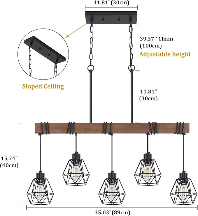5-Light Kitchen Island Lighting, Farmhouse Chandelier for Dining Room Rustic Wood Ceiling Pendant Light Fixture with Metal Shade, Height Adjustable