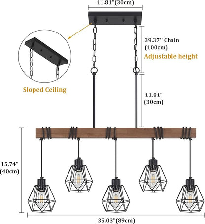 5-Light Kitchen Island Lighting, Farmhouse Chandelier for Dining Room Rustic Wood Ceiling Pendant Light Fixture with Metal Shade, Height Adjustable