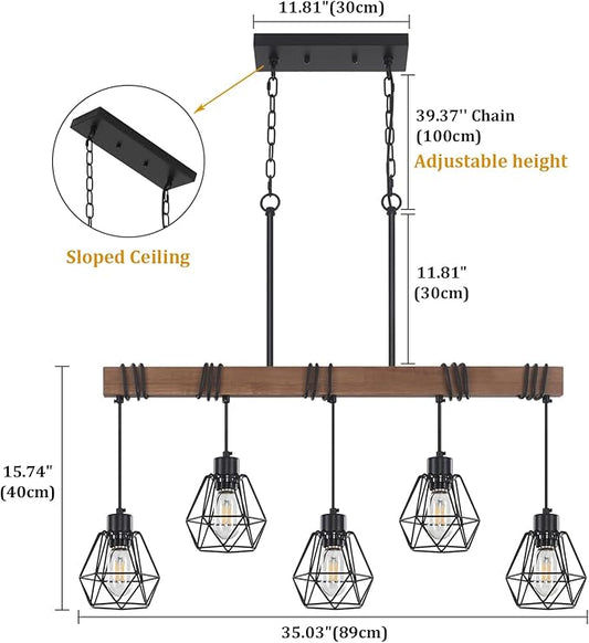 5-Light Kitchen Island Lighting, Farmhouse Chandelier for Dining Room Rustic Wood Ceiling Pendant Light Fixture with Metal Shade, Height Adjustable