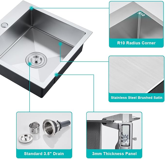 20x16 inch Single Bowl Kitchen Sink Drop in, Stainless Steel Brushed Topmount 6 inch Deep Compact Sink for Small Kitchen & Bar with X-Drain Groove & Noise Reducing Pads