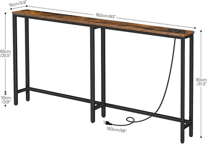 HOOBRO 63" Narrow Console Table with Charging Station, 5.9" Slim Sofa Table Behind Couch, 2 AC Outlets & USB-C Ports, Long Entryway Tables for Small Spaces, Livingroom, Rustic Brown BF165UXG01G1
