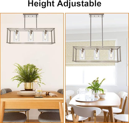 VINLUZ 3 Light Linear Chandeliers Brushed Nickel with Clear Glass Shade Modern Kitchen Island Pendant Dining Room Light Fixture Hanging Farmhouse Ceiling Light for Living Room Bar