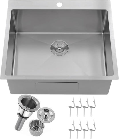 IKEBANA 25x22 Inch Brushed Nickel Kitchen Sink Drop in, 16 Gauge Stainless Steel Wet Bar Sink Topmount Single Bowl Small Kitchen Sinks, Outdoor RV Prep Sinks With Dish Grid& Drain