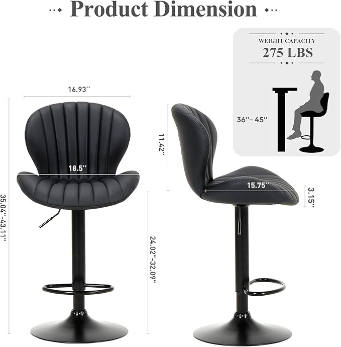 COLAMY Bar Stools Set of 2, Adjustable Modern Swivel Bar Chairs, Faux Leather Upholstered Barstools Counter Height with High Backrest for Bar, Kitchen Island, Dining Room, Black
