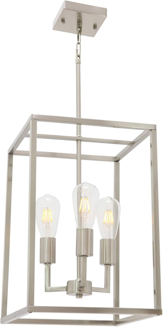 VINLUZ 3 Light Classic Indoor Chandelier Brushed Nickel Finish Foyer Lantern Pendant Lighting for Hallway Kitchen Dining Room