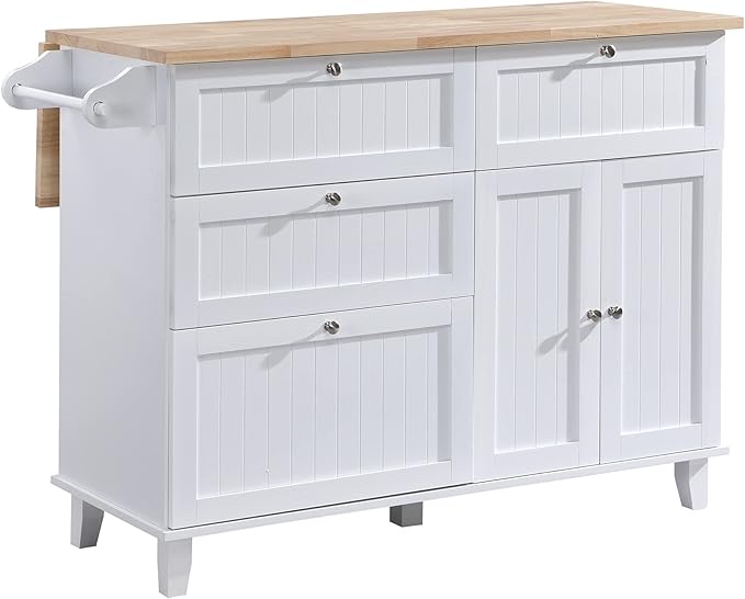 Farmhouse Kitchen Island Set with 2 Stools and Drop Leaf Dining Table with Storage Cabinet, Drawers and Towel Rack for Small Place (White+Rustic Brown*)
