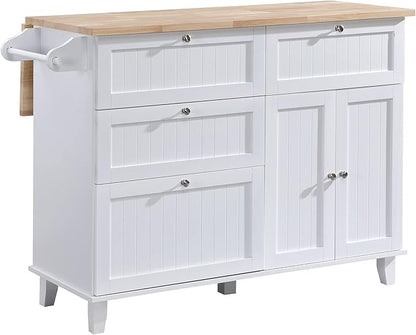 Farmhouse Kitchen Island Set with 2 Stools and Drop Leaf Dining Table with Storage Cabinet, Drawers and Towel Rack for Small Place (White+Rustic Brown*)