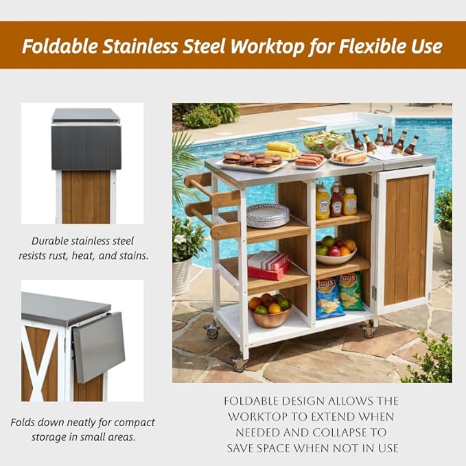 MERITLINE Foldable Outdoor Kitchen Island with Stainless Steel Top, Lockable Rolling Casters & Towel Rack, Mobile BBQ Prep Cart with Open Shelves and Hidden Cabinet for Patio, Balcony, White+Brown