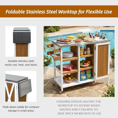 MERITLINE Foldable Outdoor Kitchen Island with Stainless Steel Top, Lockable Rolling Casters & Towel Rack, Mobile BBQ Prep Cart with Open Shelves and Hidden Cabinet for Patio, Balcony, White+Brown